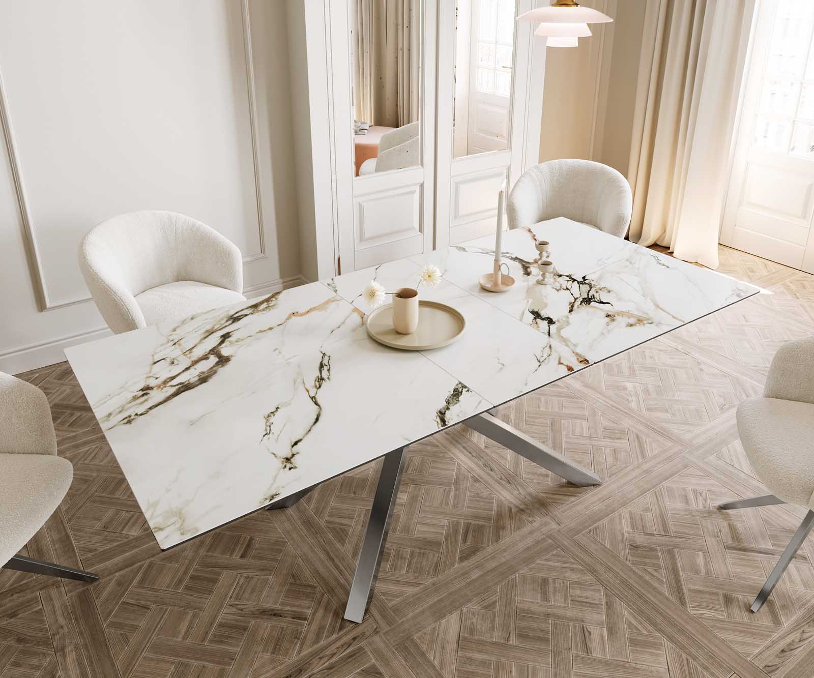 Dining Table Aurora 180-220x100cm Ceramic Gold Cross Frame Silver
