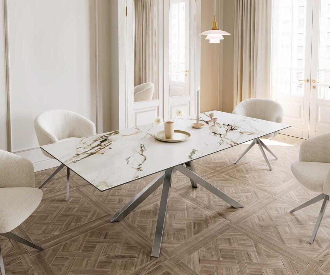 Extendable Dining Table Aurora 180-220x100cm Ceramic Calacatta Luxe Gold Cross Frame Silver
