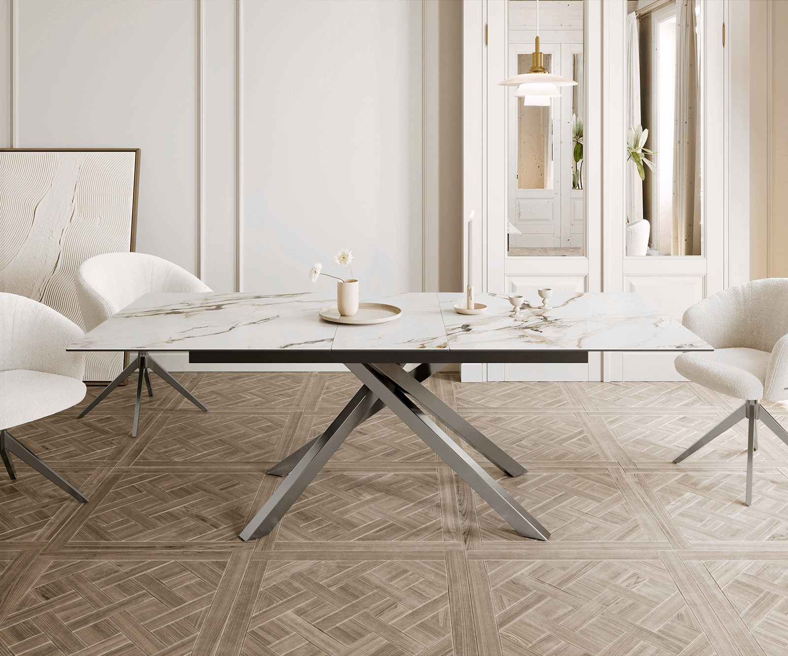 Dining Table Aurora 180-220x100cm Ceramic Gold Cross Frame Silver