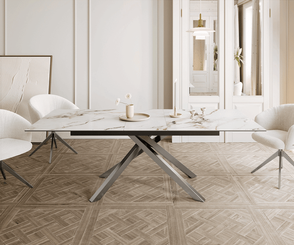 Dining Table Aurora 180-220x100cm Ceramic Gold Cross Frame Silver