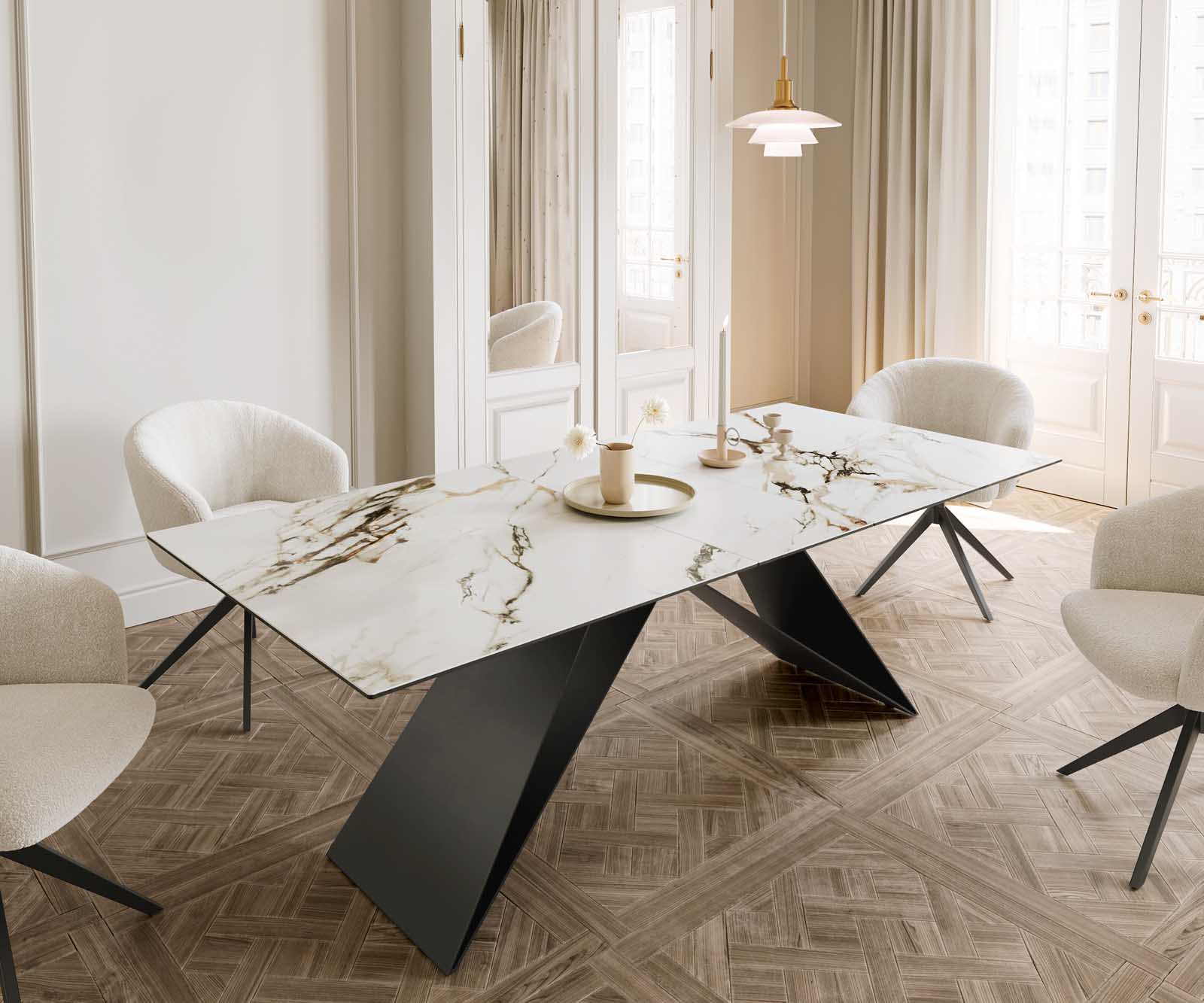Dining Table Aurora 180-220x100cm Ceramic Gold V-Frame Black