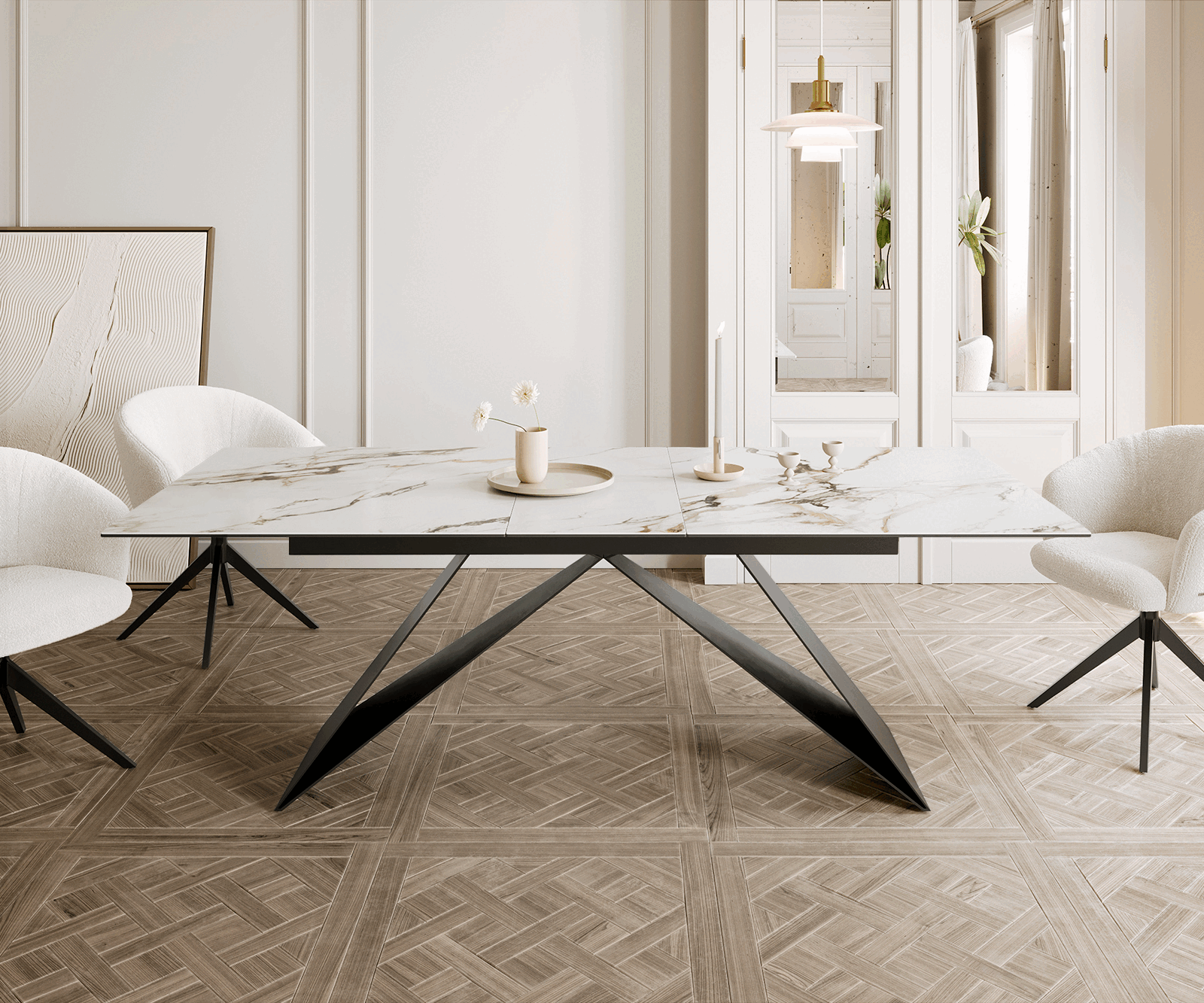 Dining Table Aurora 180-220x100cm Ceramic Gold V-Frame Black