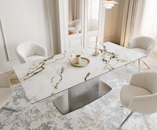 Dining Table Aurora 180-220x100cm Ceramic Gold Central Frame Silver