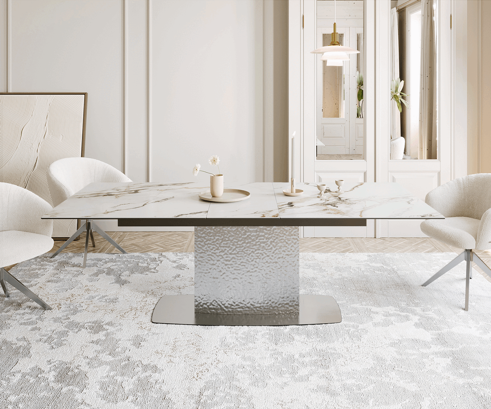 Dining Table Aurora 180-220x100cm Ceramic Gold Central Frame Silver