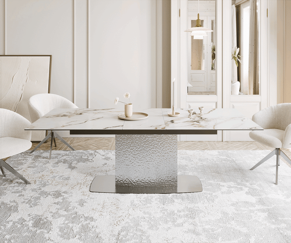 Dining Table Aurora 180-220x100cm Ceramic Gold Central Frame Silver