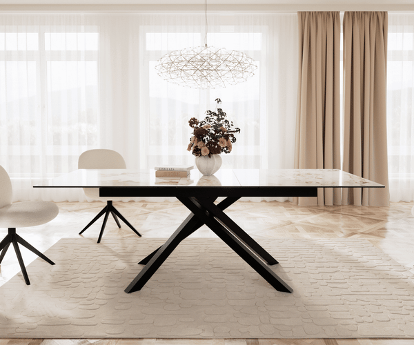 Dining Table Aurora Extendable 180-220cm Ceramic Beige Cross Frame Black