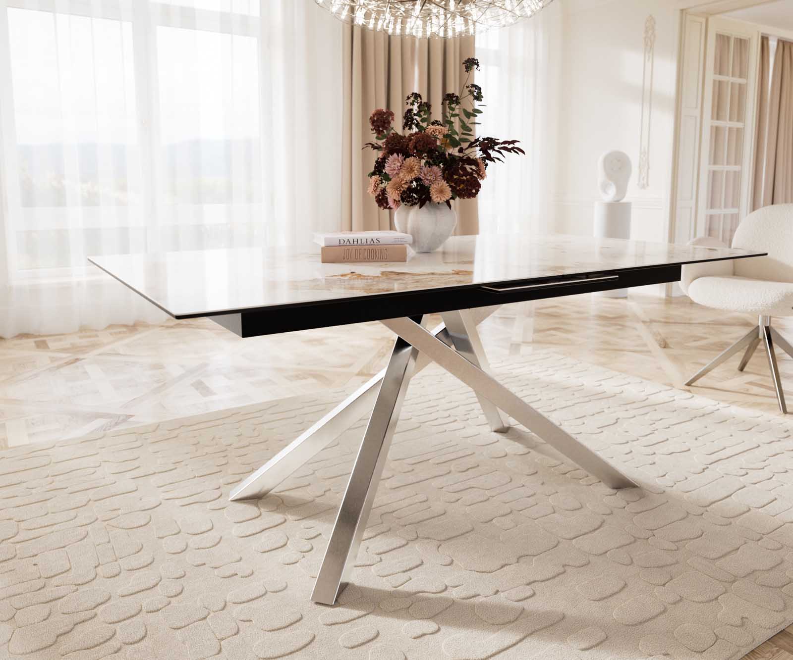 Dining Table Aurora 180-220x100cm Ceramic Beige Cross Frame Silver