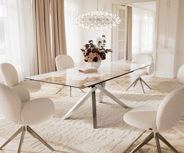 Dining Table Aurora 180-220x100cm Ceramic Beige Cross Frame Silver