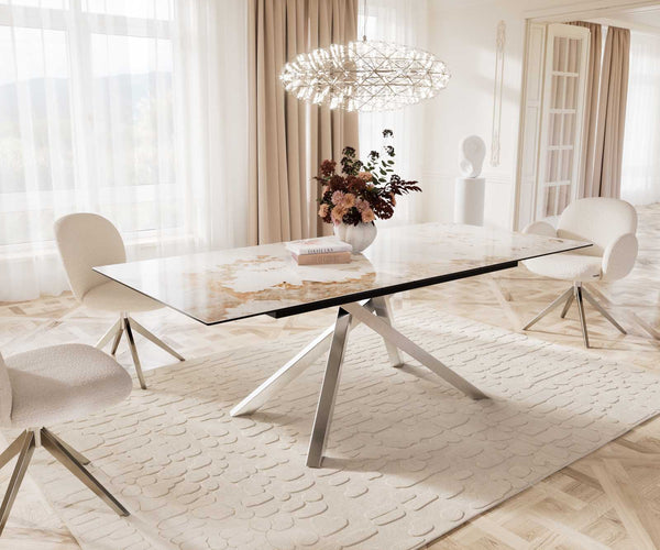 Dining Table Aurora 180-220x100cm Ceramic Beige Cross Frame Silver