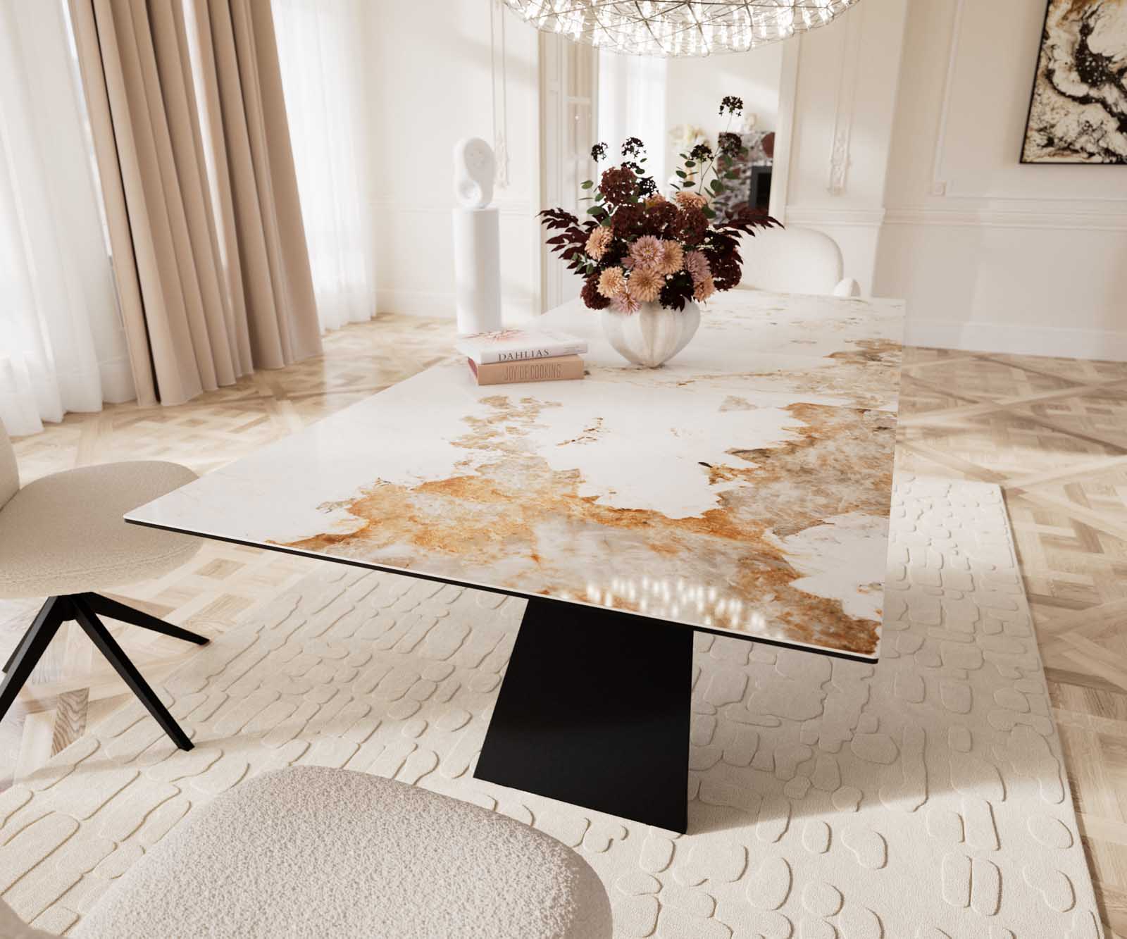 Dining Table Aurora 180-220x100cm Ceramic Beige V-Frame Black