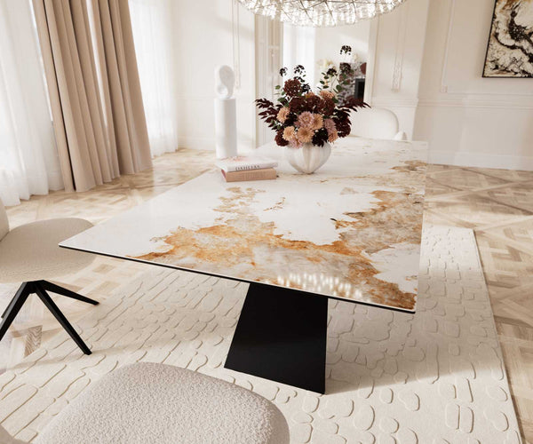 Dining Table Aurora 180-220x100cm Ceramic Beige V-Frame Black