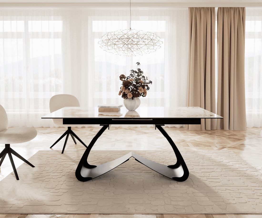 Extendable Dining Table Aurora 180-220cm Ceramic Minas Melange Beige W-Frame Black