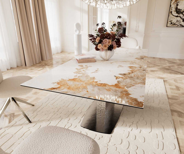Dining Table Aurora 180-220x100cm Ceramic Beige Central Frame Silver