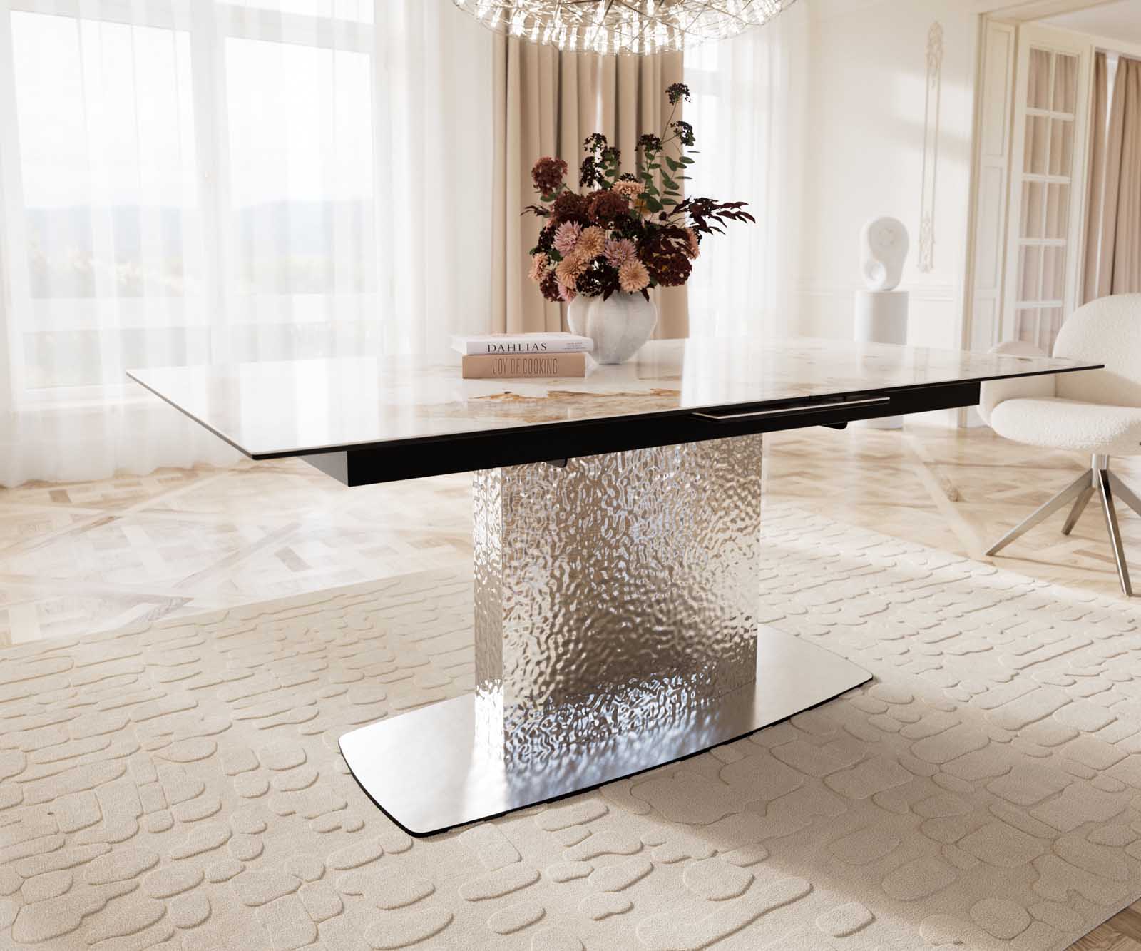Dining Table Aurora 180-220x100cm Ceramic Beige Central Frame Silver