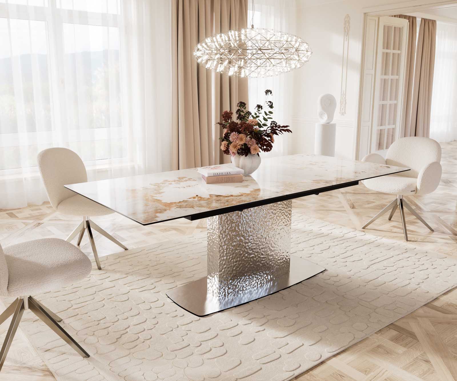 Dining Table Aurora 180-220x100cm Ceramic Beige Central Frame Silver