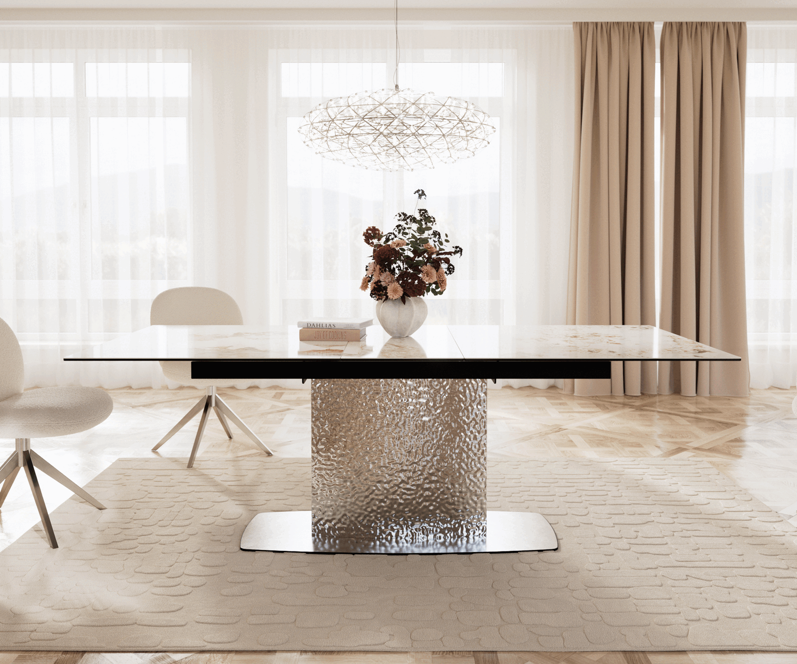 Dining Table Aurora 180-220x100cm Ceramic Beige Central Frame Silver