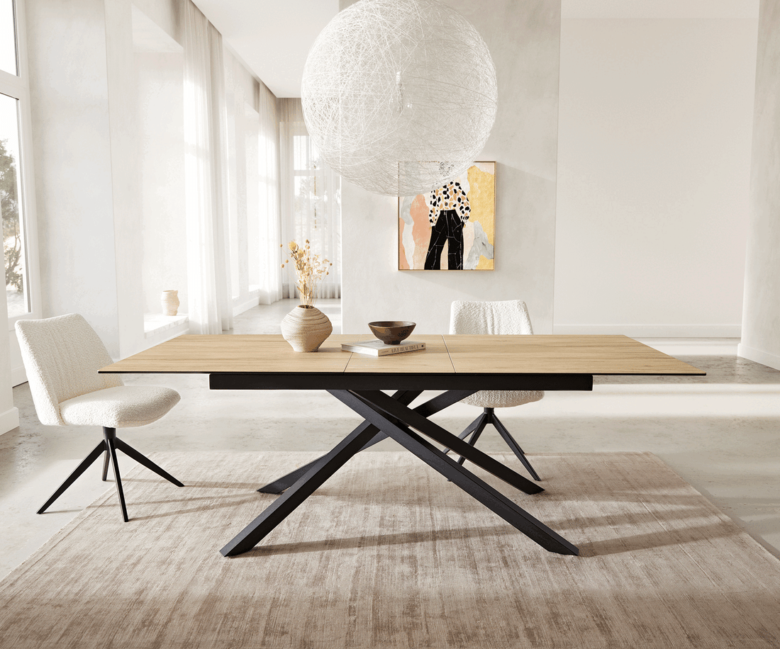 Extendable Dining Table Aurora 180-220cm Ceramic Sabbia Oak Look Cross Frame Black