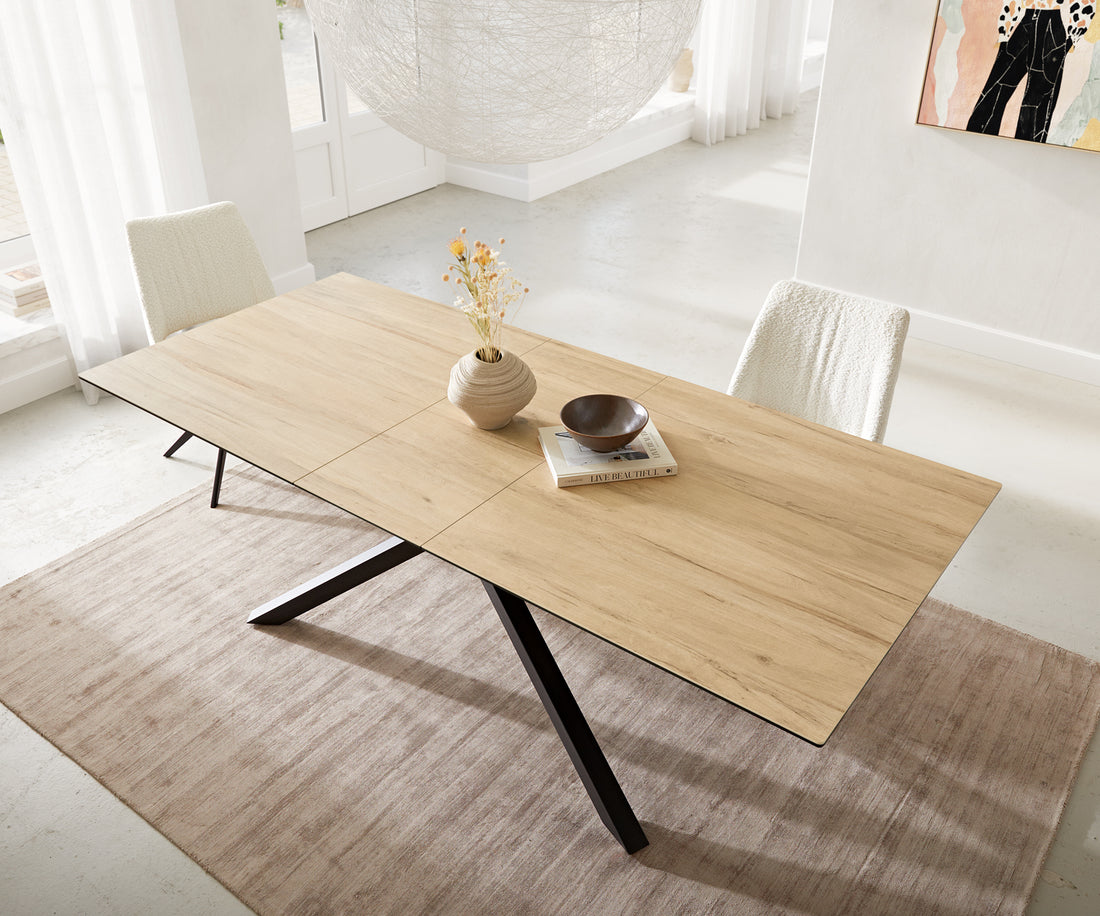 Extendable Dining Table Aurora 180-220cm Ceramic Sabbia Oak Look Cross Frame Black