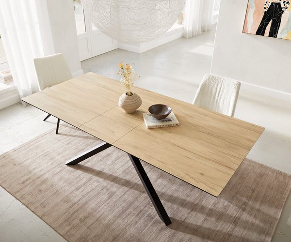 Dining Table Aurora Extendable 180-220cm Ceramic Oak Look Cross Frame Black