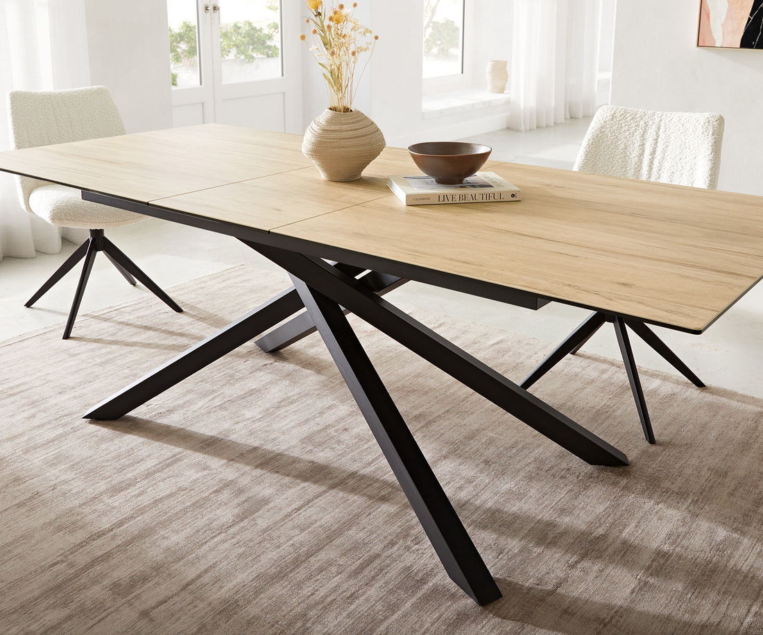 Extendable Dining Table Aurora 180-220cm Ceramic Sabbia Oak Look Cross Frame Black