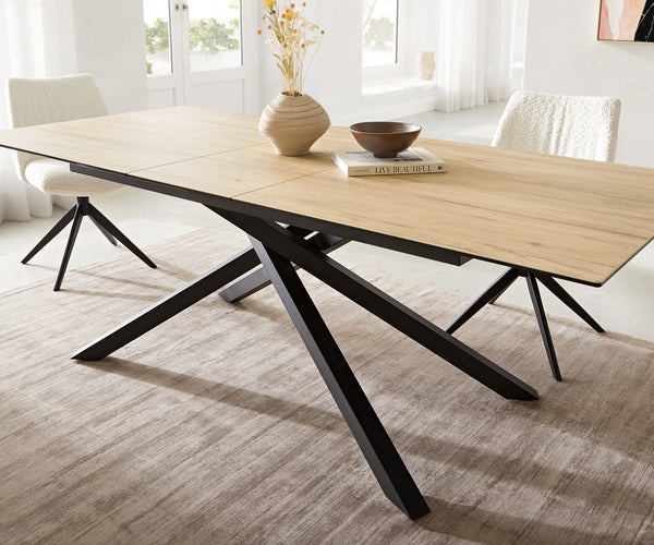 Dining Table Aurora Extendable 180-220cm Ceramic Oak Look Cross Frame Black