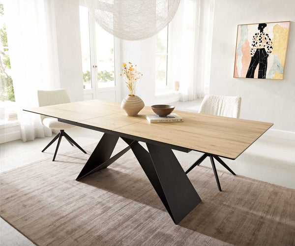 Dining Table Aurora 180-220x100cm Ceramic Oak-Look V-Frame Black