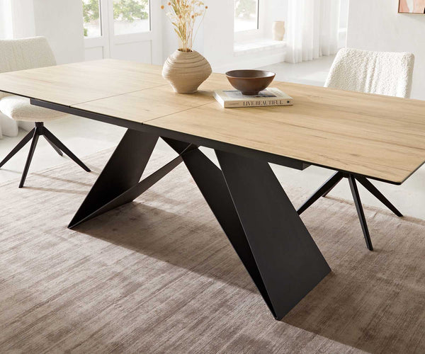 Dining Table Aurora 180-220x100cm Ceramic Oak-Look V-Frame Black