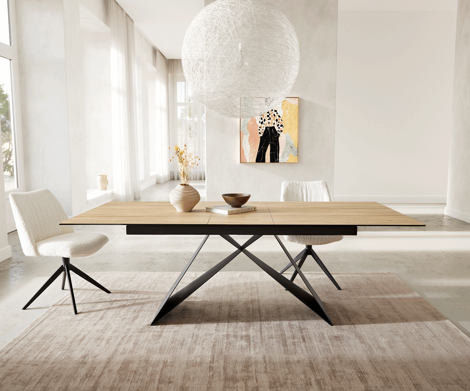 Dining Table Aurora 180-220x100cm Ceramic Oak-Look V-Frame Black