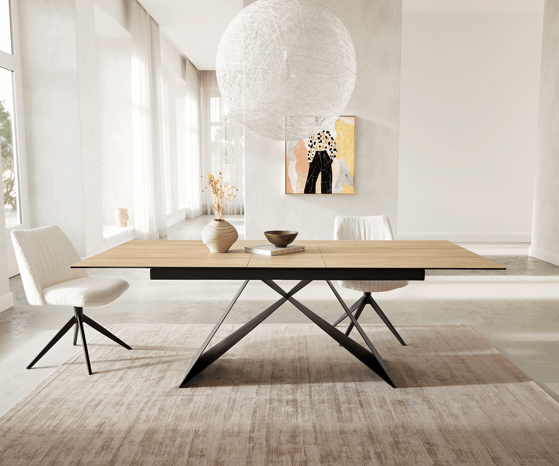 Extendable Dining Table Aurora 180-220x100cm Ceramic Sabbia Oak-Look V-Frame Black