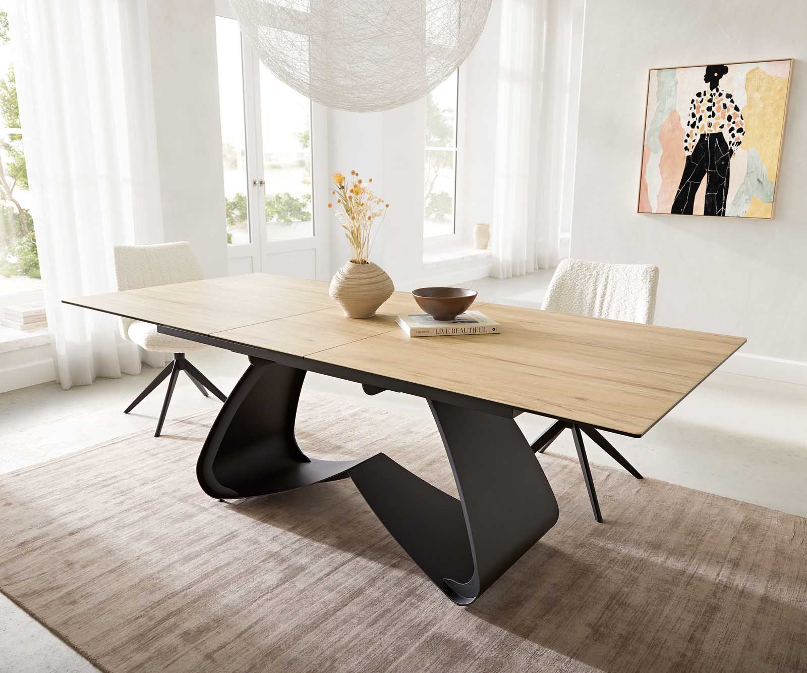 Dining Table Aurora 180-220x100cm Ceramic Oak-Look W-Frame Black