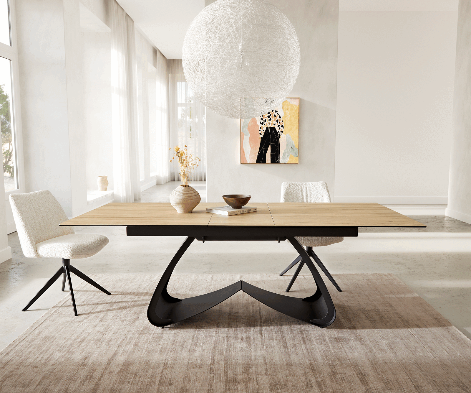 Dining Table Aurora 180-220x100cm Ceramic Oak-Look W-Frame Black