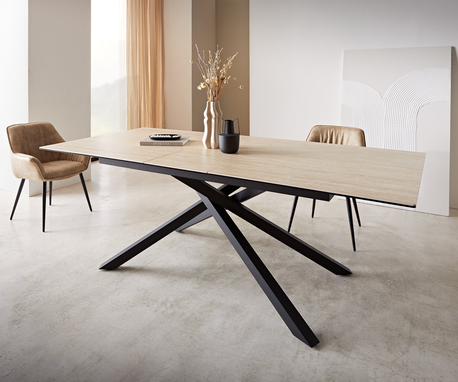 Dining Table Aurora Extendable 180-220cm Ceramic Natural Cross Frame Black