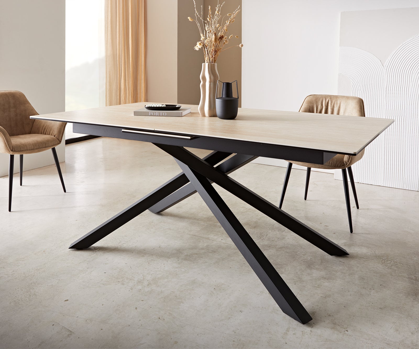 Dining Table Aurora Extendable 180-220cm Ceramic Natural Cross Frame Black