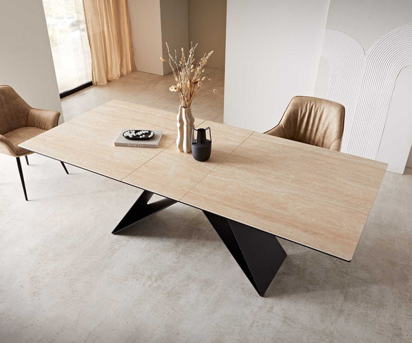 Dining Table Aurora 180-220x100cm Ceramic Travertine V-Frame Black