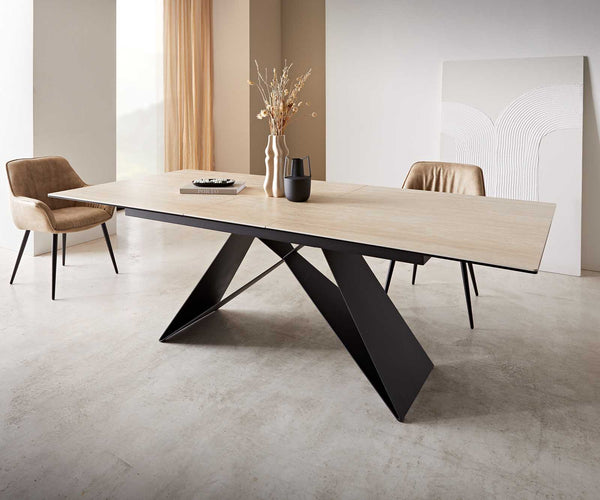 Dining Table Aurora 180-220x100cm Ceramic Travertine V-Frame Black
