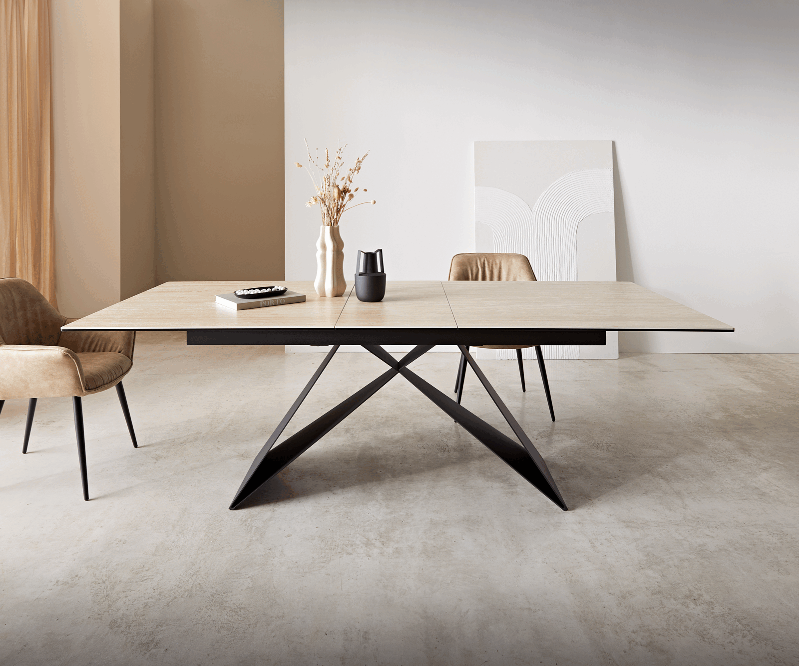 Dining Table Aurora 180-220x100cm Ceramic Travertine V-Frame Black