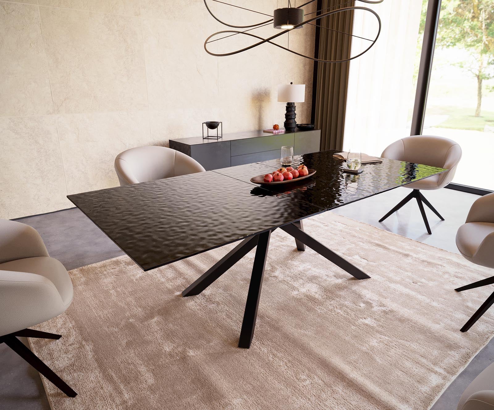 Dining Table Aurora 180-220x100cm Glass Black Cross Frame Black