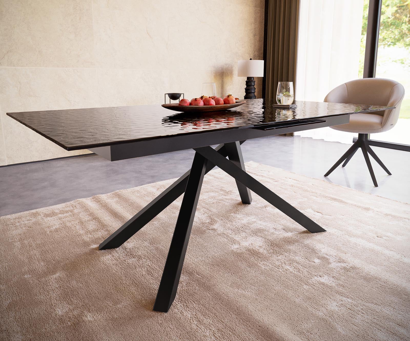 Dining Table Aurora 180-220x100cm Glass Black Cross Frame Black