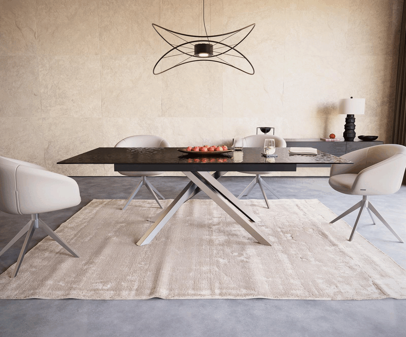 Dining Table Aurora 180-220x100cm Glass Black Cross Frame Silver