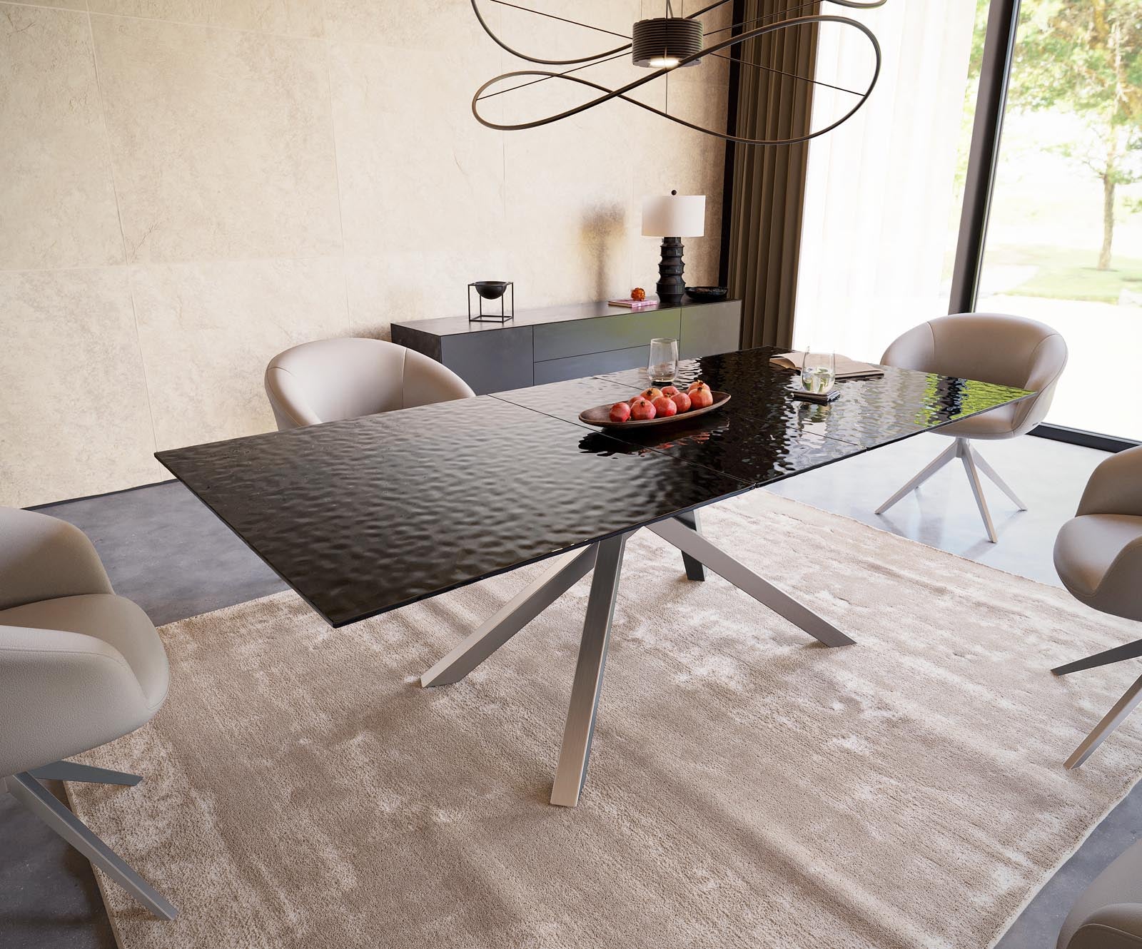 Dining Table Aurora 180-220x100cm Glass Black Cross Frame Silver