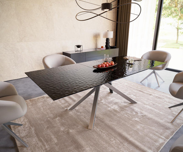 Dining Table Aurora 180-220x100cm Glass Black Cross Frame Silver