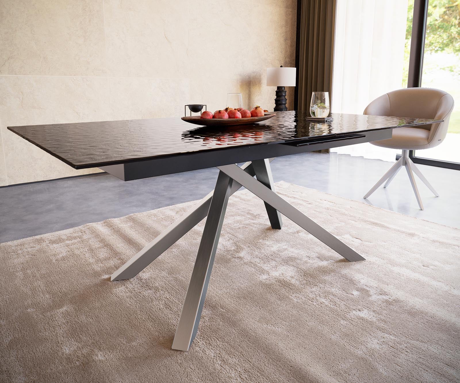 Dining Table Aurora 180-220x100cm Glass Black Cross Frame Silver