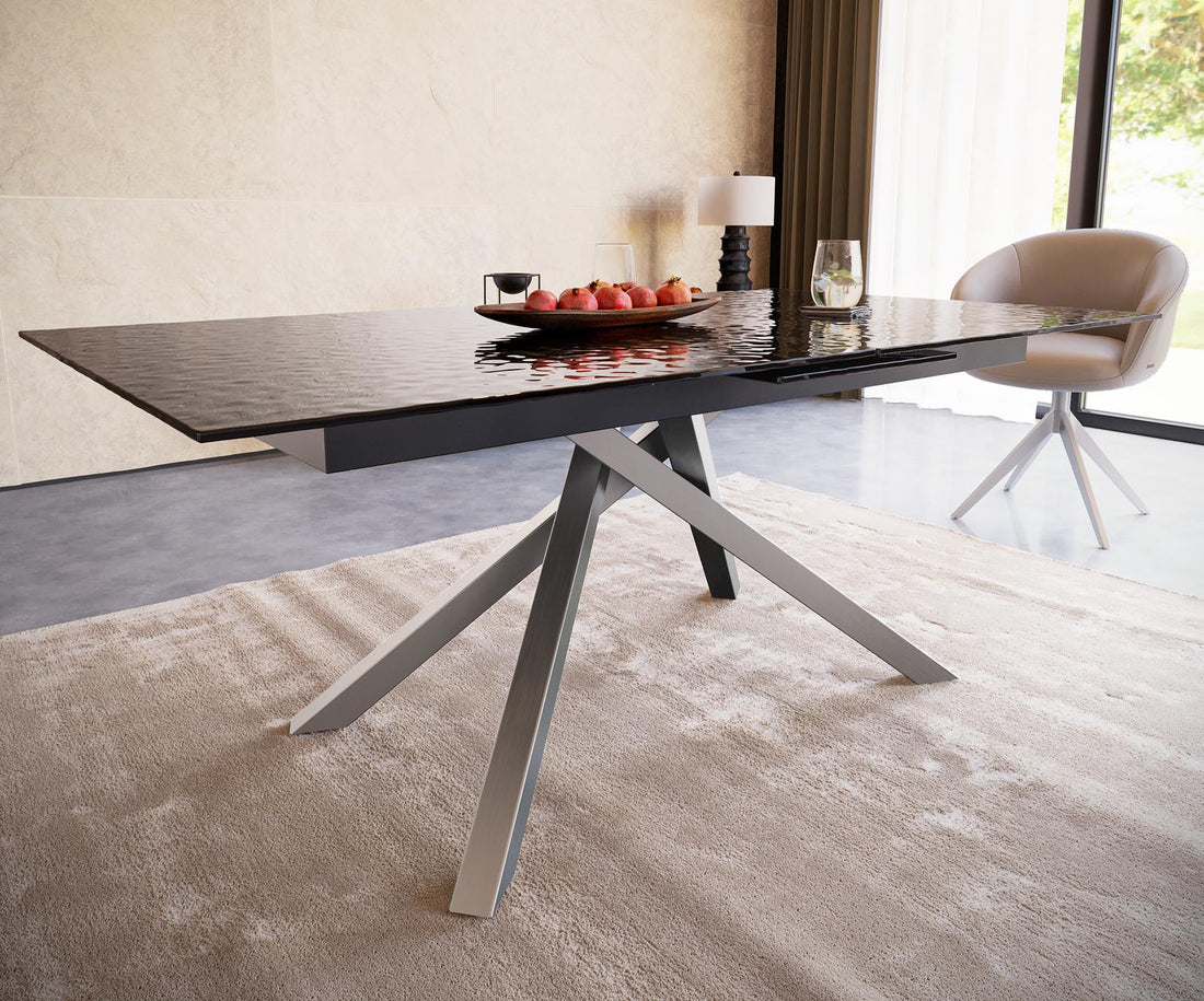 Extendable Dining Table Aurora 180-220x100cm Glass Black Cross Frame Silver