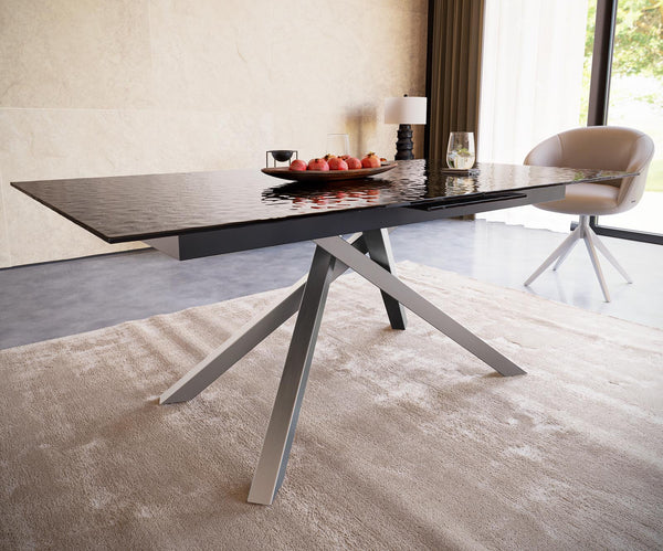 Dining Table Aurora 180-220x100cm Glass Black Cross Frame Silver
