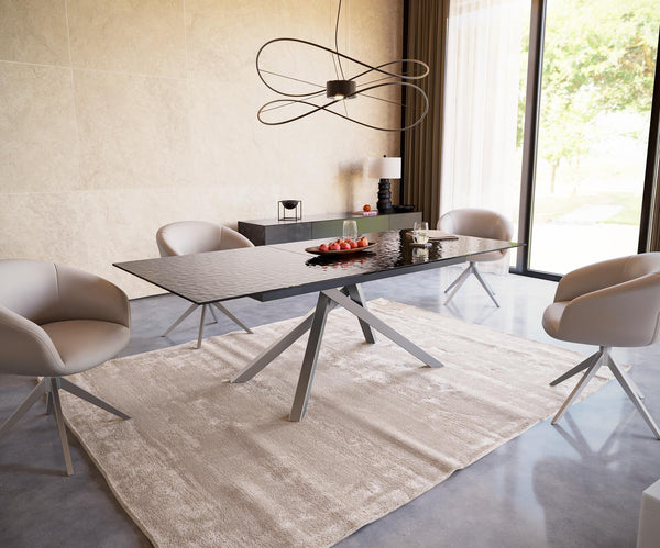 Dining Table Aurora 180-220x100cm Glass Black Cross Frame Silver