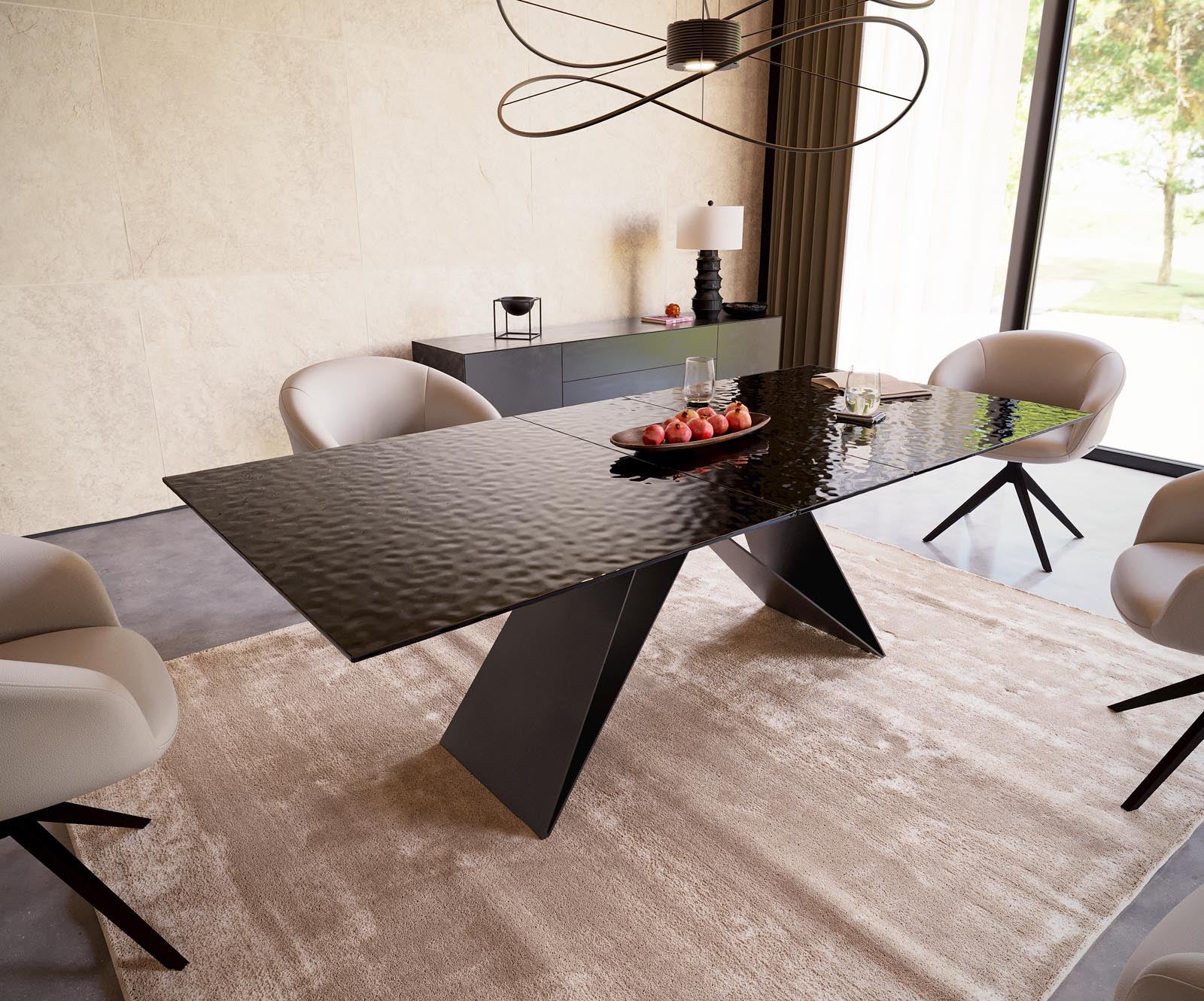 Dining Table Aurora 180-220x100cm Glass Black V-Frame Black