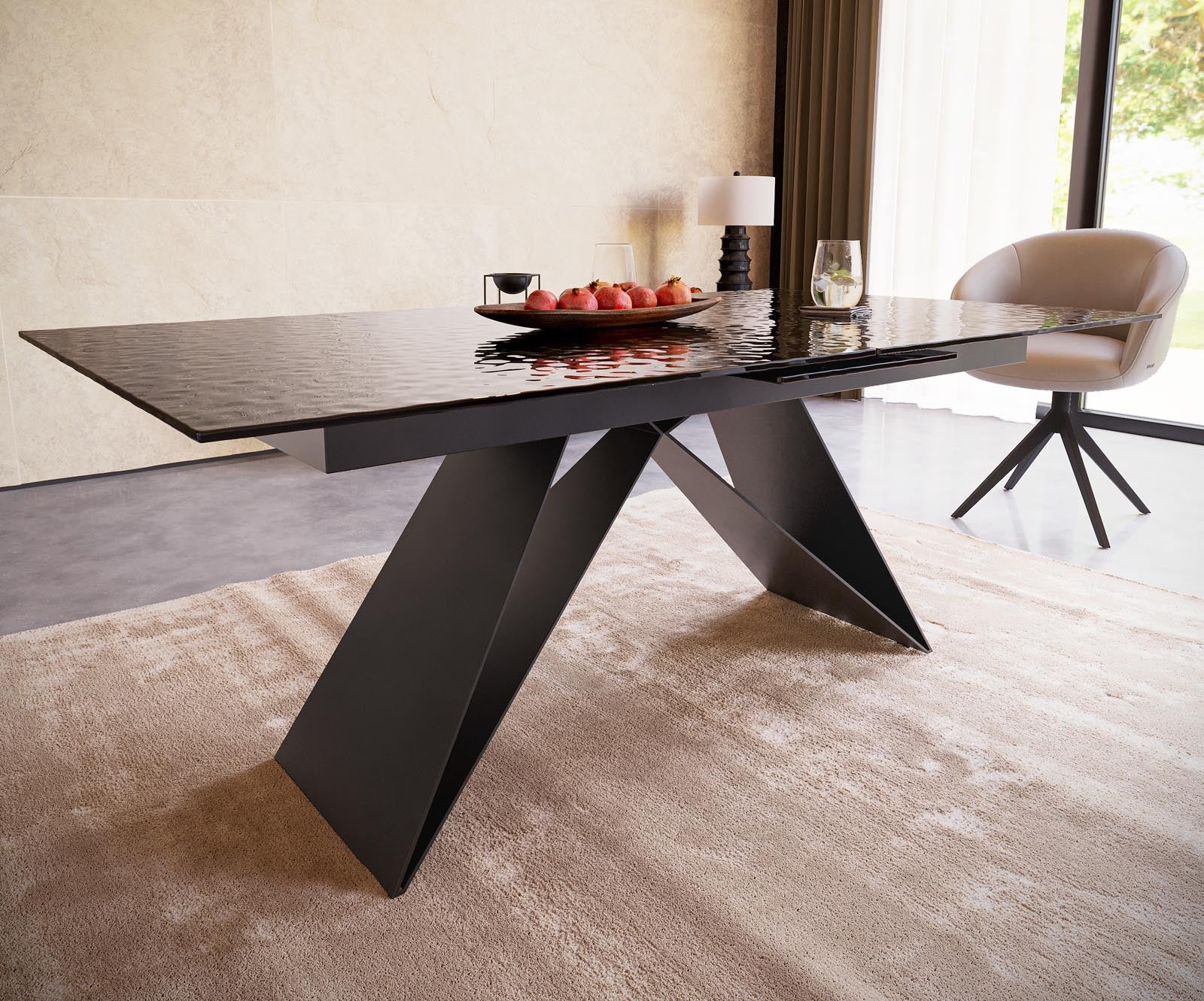 Dining Table Aurora 180-220x100cm Glass Black V-Frame Black