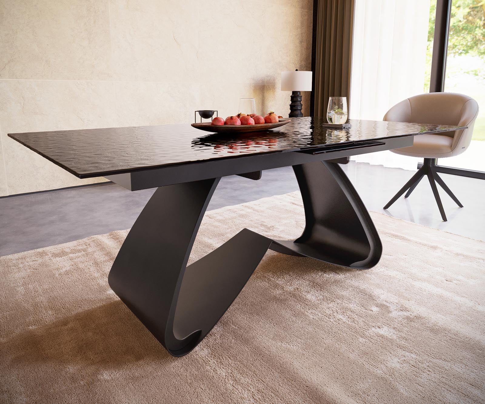 Dining Table Aurora 180-220x100cm Glass Black W-Frame Black