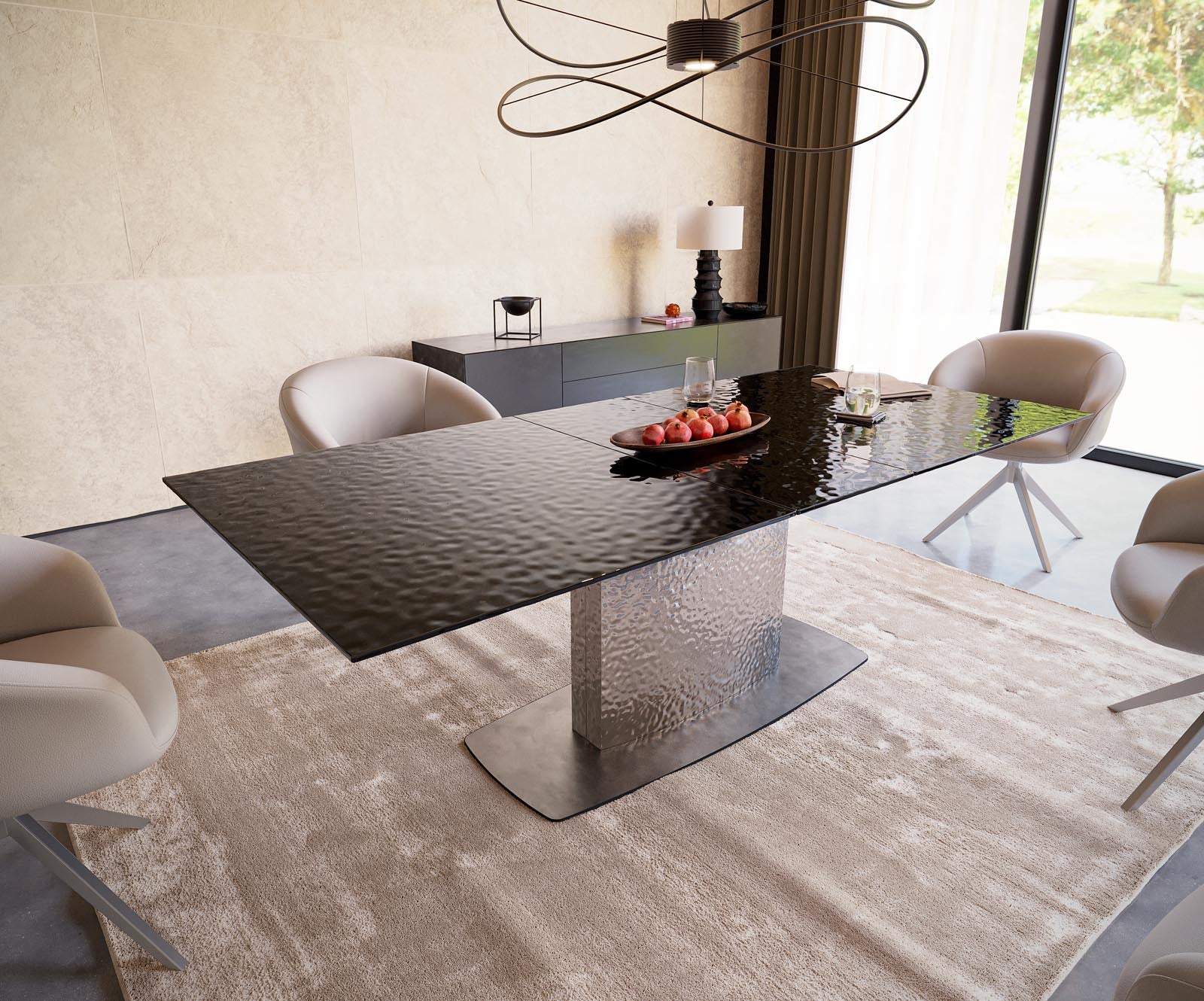 Dining Table Aurora 180-220x100cm Glass Black Central Frame Silver