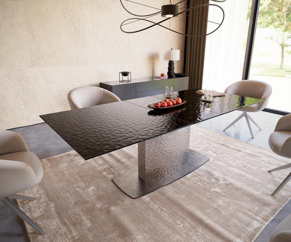 Dining Table Aurora 180-220x100cm Glass Black Central Frame Silver